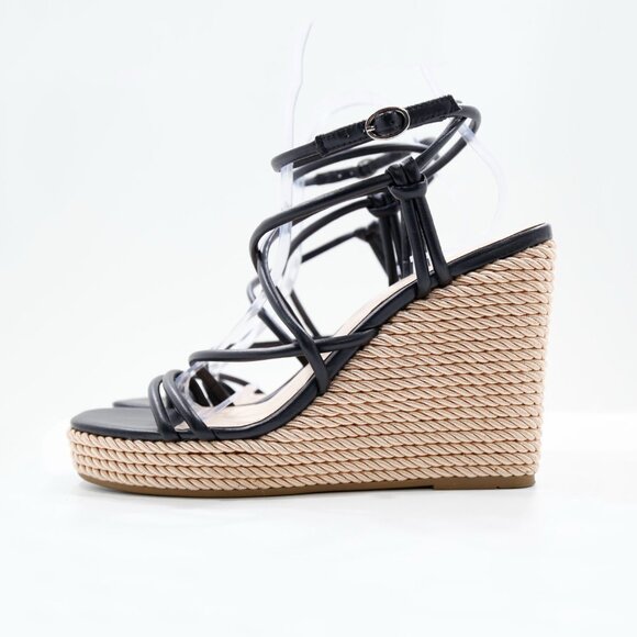 Marc Fisher Zesty Black Faux Leather Strappy 4.5" Wedge Heel Sandals - 10 - Picture 1 of 7